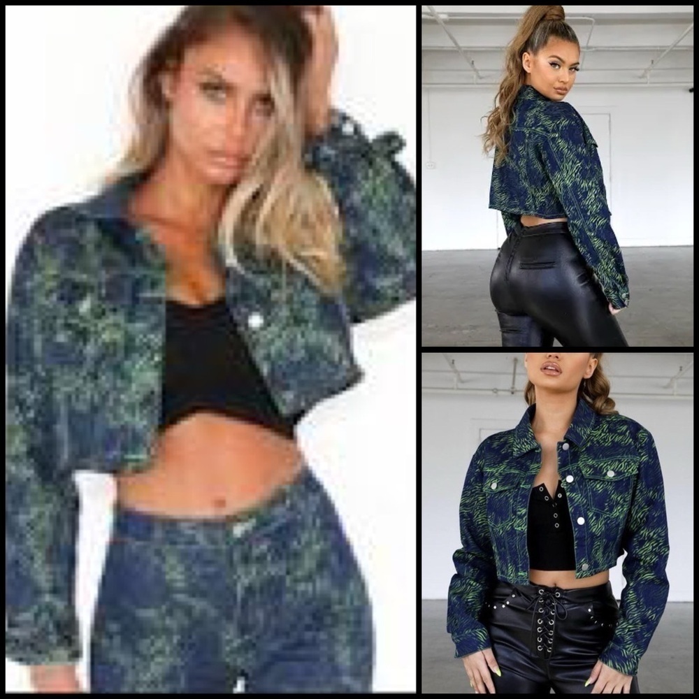 I.AM.GIA Sinead Trucker Denim Jacket in GreenTiger Flap Pockets Y2K Grunge M